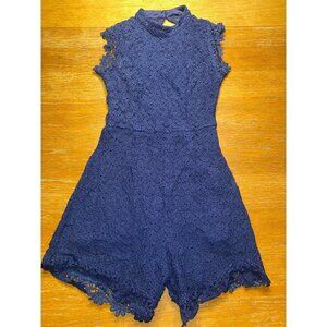 Womens Navy Blue Floral Lace Romper Short Sleeve Keyhole Back Elegant Design